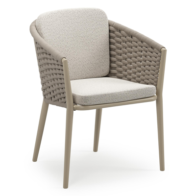 Orso stapelbare tuinstoel in beige aluminium en beige horizontaal geweven ronde rope met stoelkussen in All Weather Solica Firenze Natural