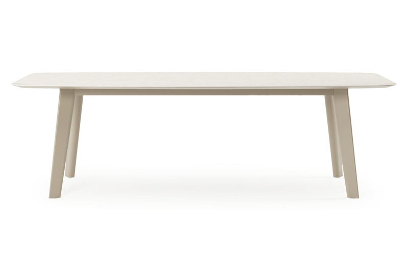 Table de jardin Lacirma forme de bateau en aluminium beige et céramique pleine Shilin Lg. 255 x Lrg. 115 x Haut. 74 cm
