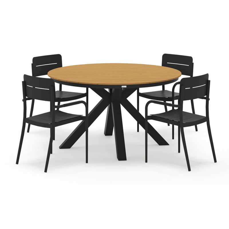 Tora tuinset rond in zwart aluminium en polywood met 4 Salto tuinstoelen