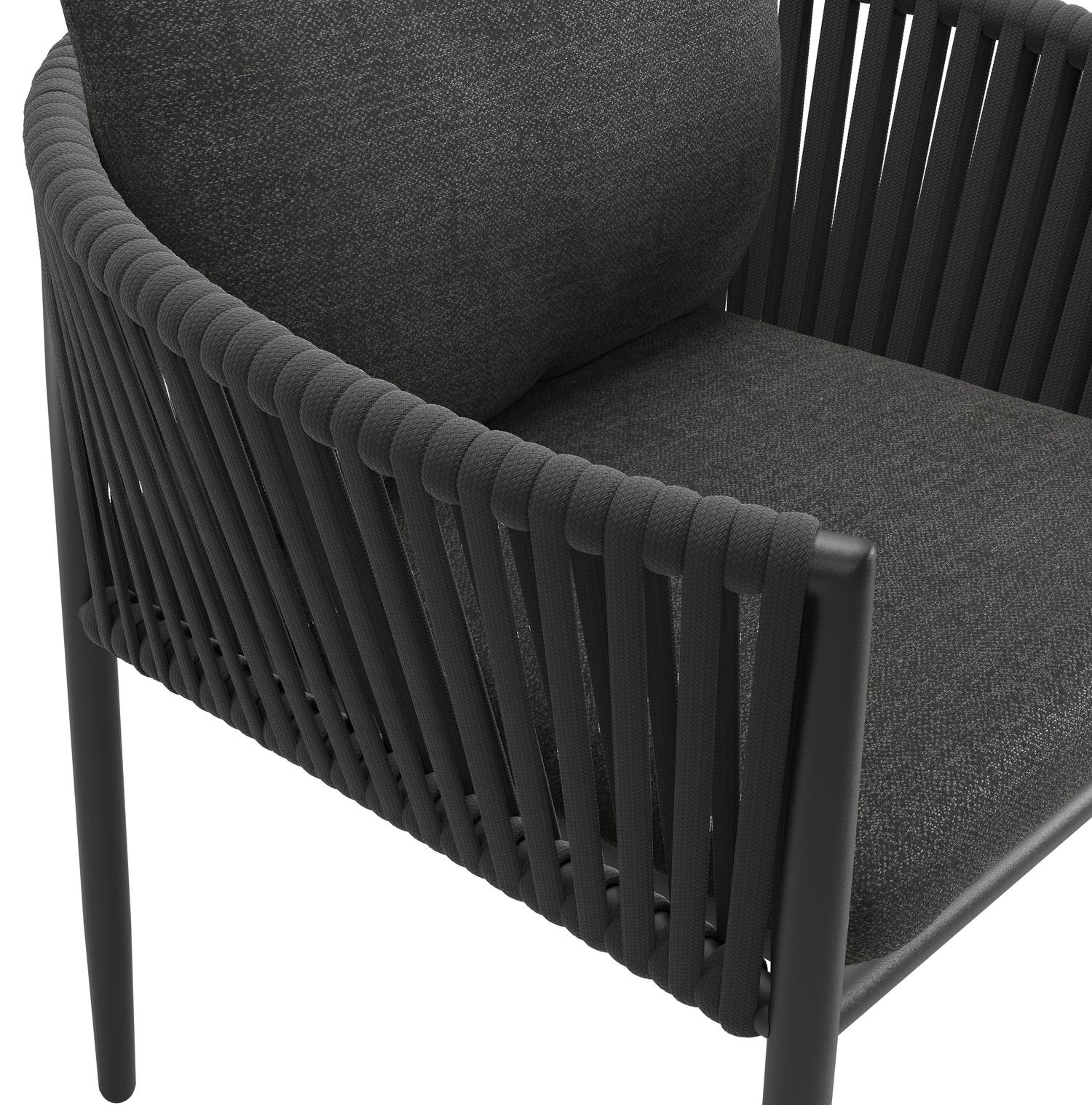 Organo tuinstoel in zwart aluminium en zwart verticaal geweven luxe vlakke rope met kussen in chartres sooty all weather sunbrella® luxe