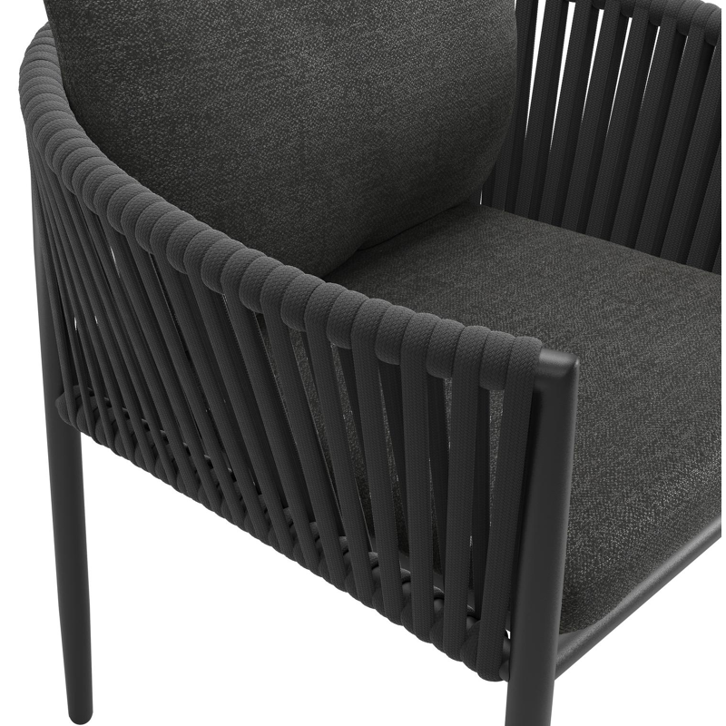 Organo tuinstoel in zwart aluminium en zwart verticaal geweven luxe vlakke rope met kussen in chartres sooty all weather sunbrella® luxe