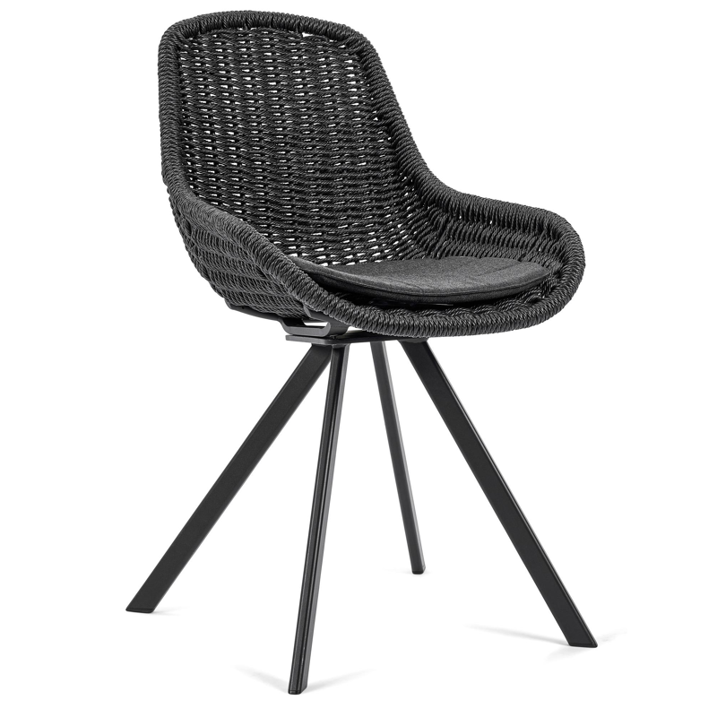 Cesano tuinstoel in zwart aluminium en zwart wicker met kussen in natte sooty all weather sunbrella® luxe