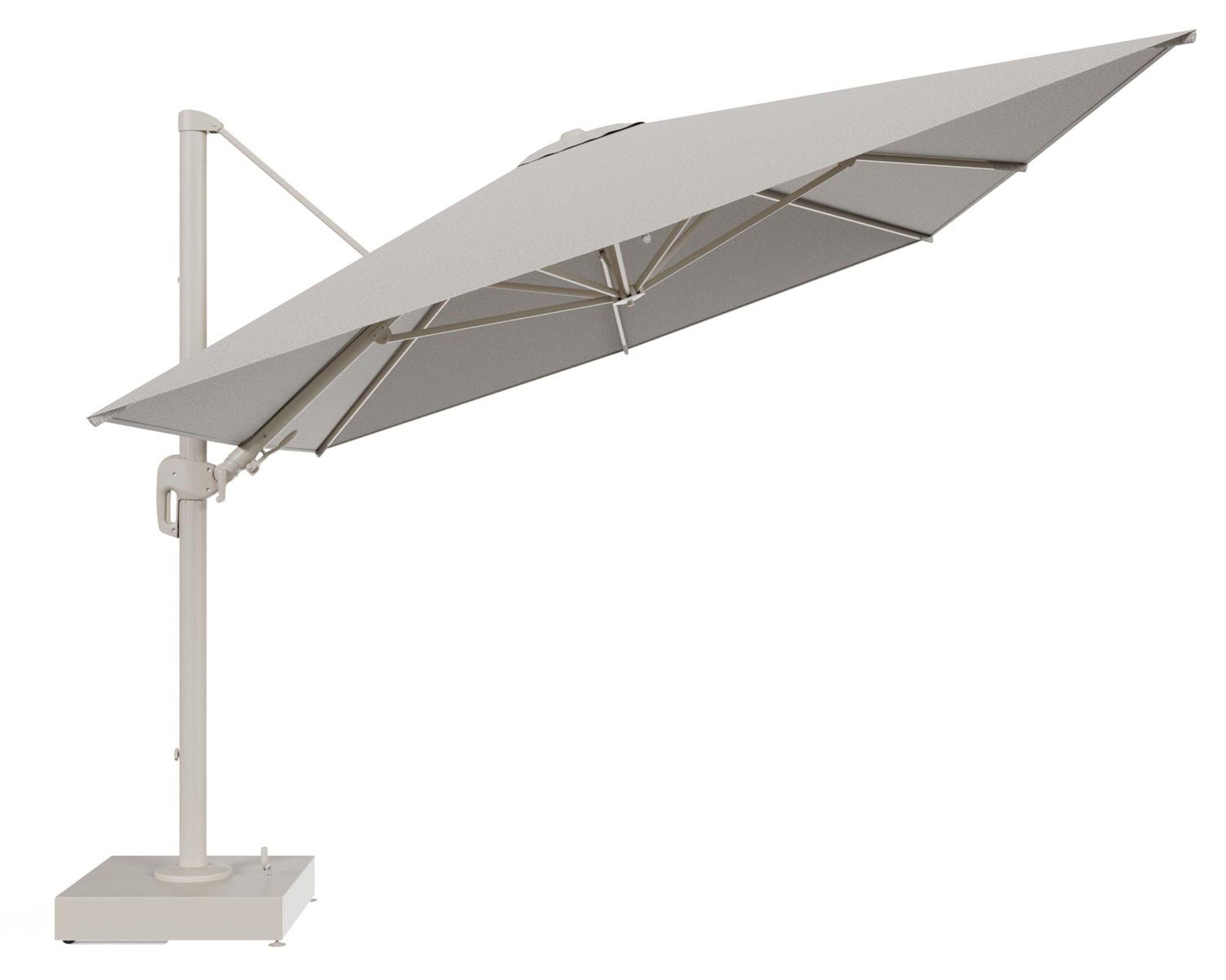 Rufina zweefparasol met tiltfunctie in beige aluminium en Firenze Sand All Weather Solica parasoldoek - L1 400 x L2 300 cm met parasolvoet Minore 150 kg met wielen