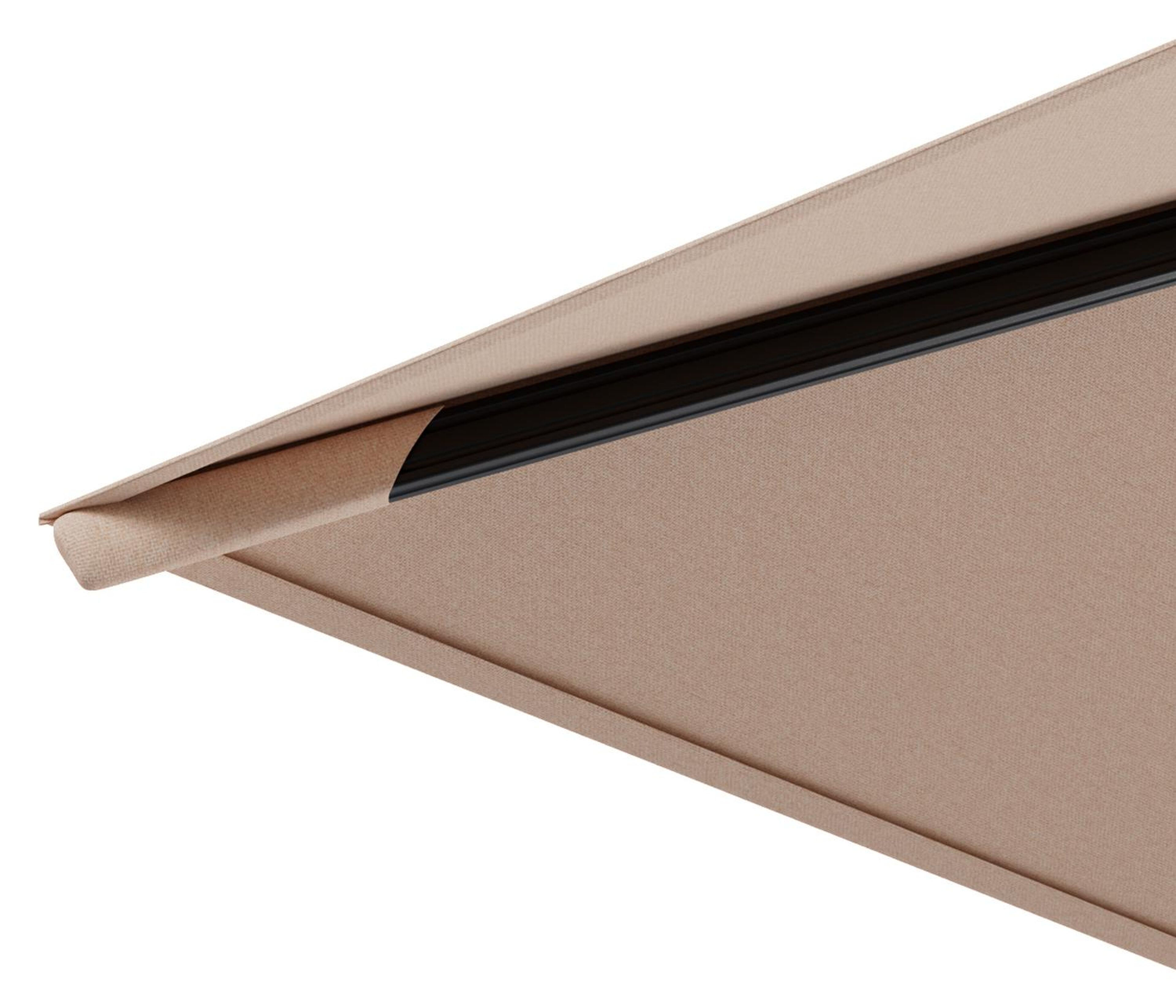 Avola zweefparasol met tiltfunctie in zwart aluminium en Natte Linen Chalk Sunbrella Premium parasoldoek - L1 300 x L2 300 cm met parasolvoet Pedito 120 kg