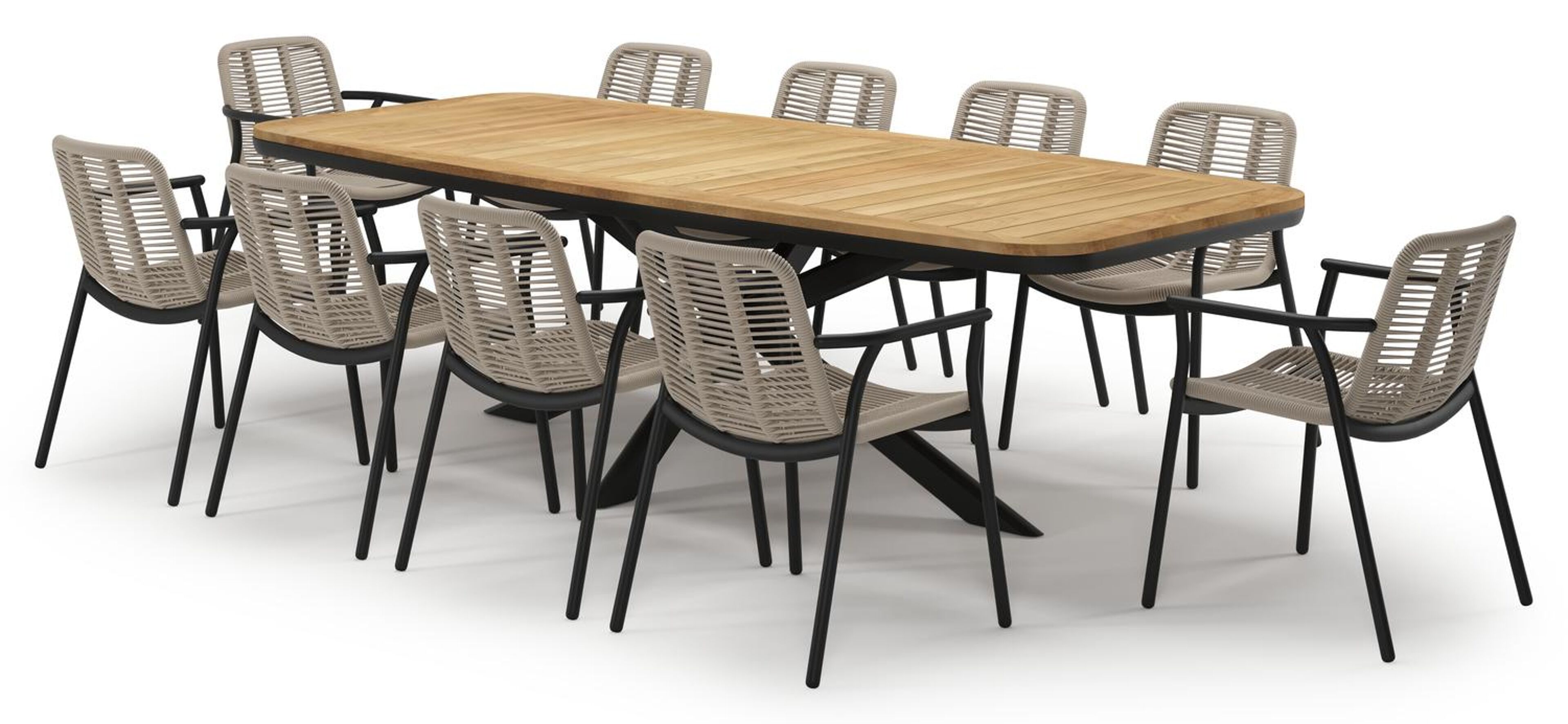 Pamplona tuinset in zwart aluminium en teak met 10 stapelbare Berga tuinstoelen