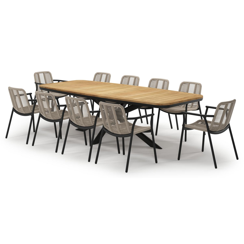 Pamplona tuinset in zwart aluminium en teak met 10 stapelbare Berga tuinstoelen