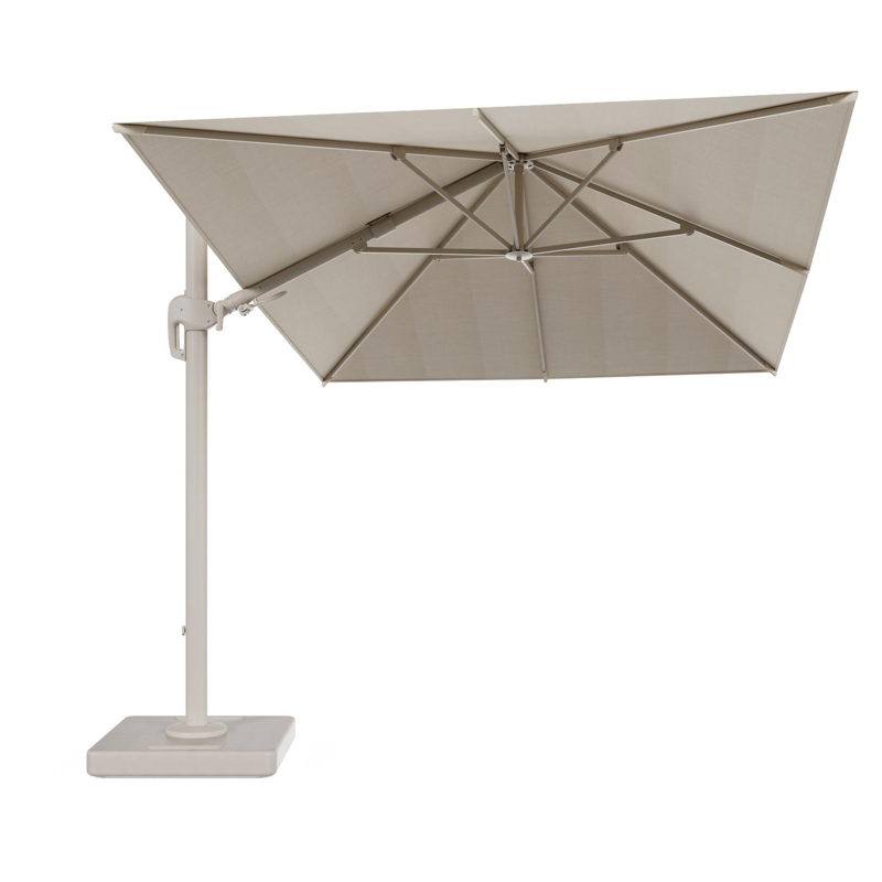 Rufina zweefparasol met tiltfunctie in beige aluminium en beige Sunbrella® Premium parasoldoek - L1 250 x L2 350 cm met Lapido XL met parasolvoet Lapido 160 kg