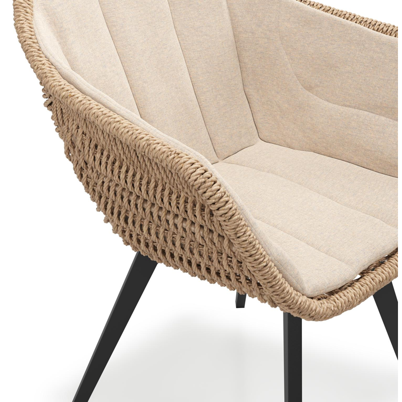 Pagino tuinstoel in zwart aluminium en naturel ronde wicker met zitkussen in All Weather Sunbrella® Luxe Heritage Papyrus