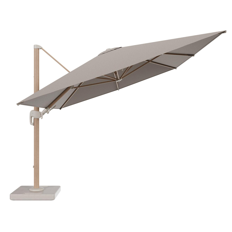 Rufina zweefparasol tiltfunctie in houtlook aluminium en parasoldoek in All Weather Solica Firenze Earth - L1 400 x L2 300 cm met parasolvoet Lapido 160 kg