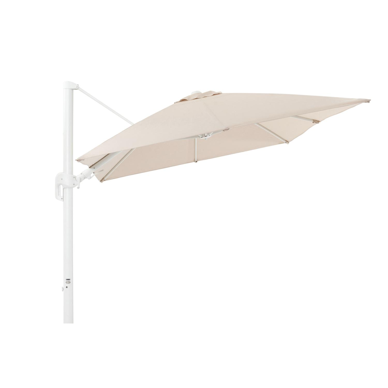 Rufina zweefparasol met tiltfunctie in wit aluminium met beige all weather sunbrella® premium parasoldoek - L1 350 x L2 250 cm (zonder voet)