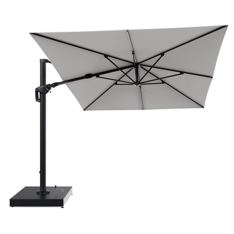 Minore zweefparasol met tiltfunctie in zwart aluminium en Ego Eggshell All Weather Solica parasoldoek - L1 400 x L2 300 cm met parasolvoet Minore 260 kg met wielen