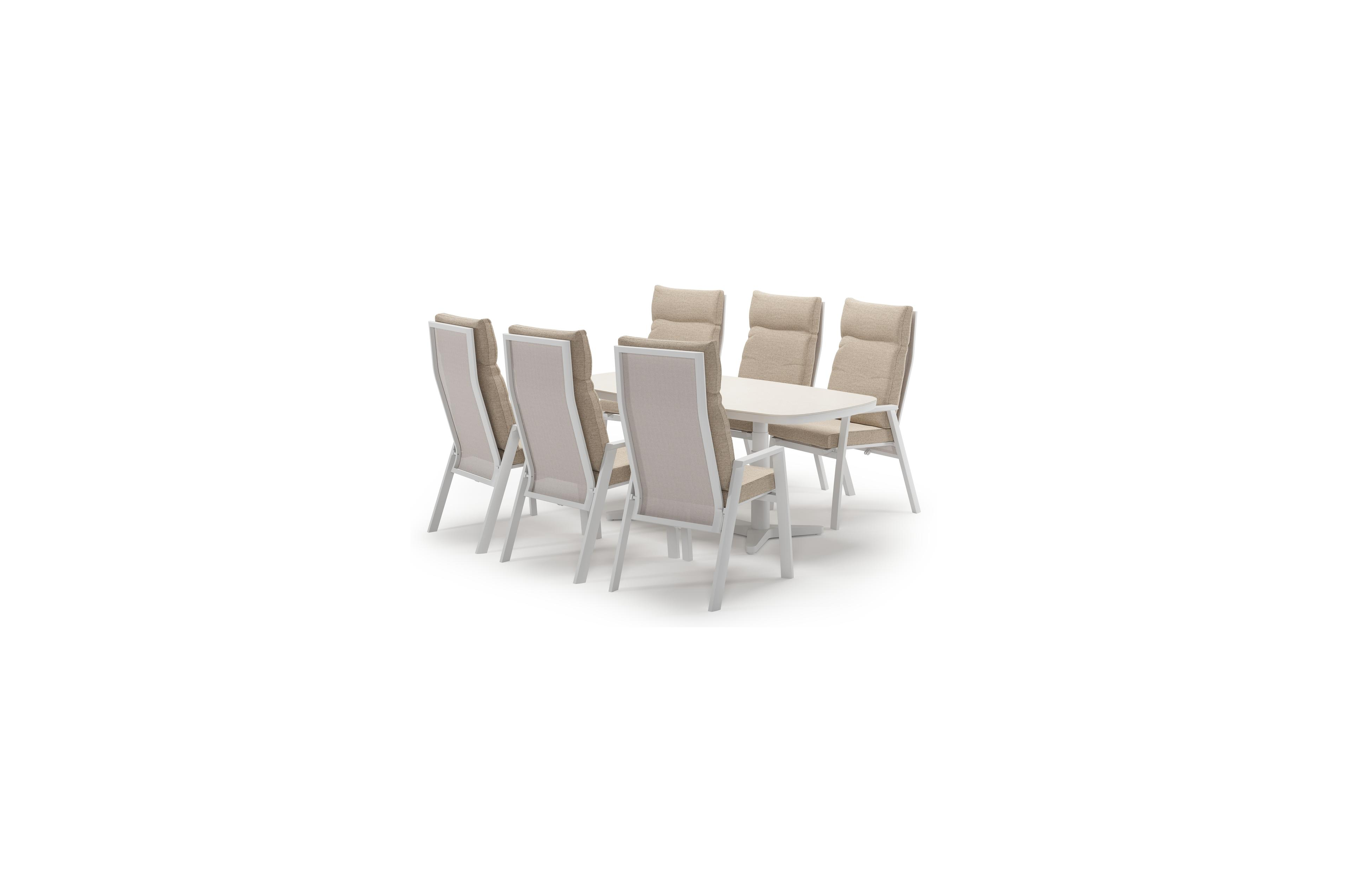 Tarsia tuinset bootvorm in wit aluminium en sintered stone Crema minerale met 6 Leon tuinstoelen