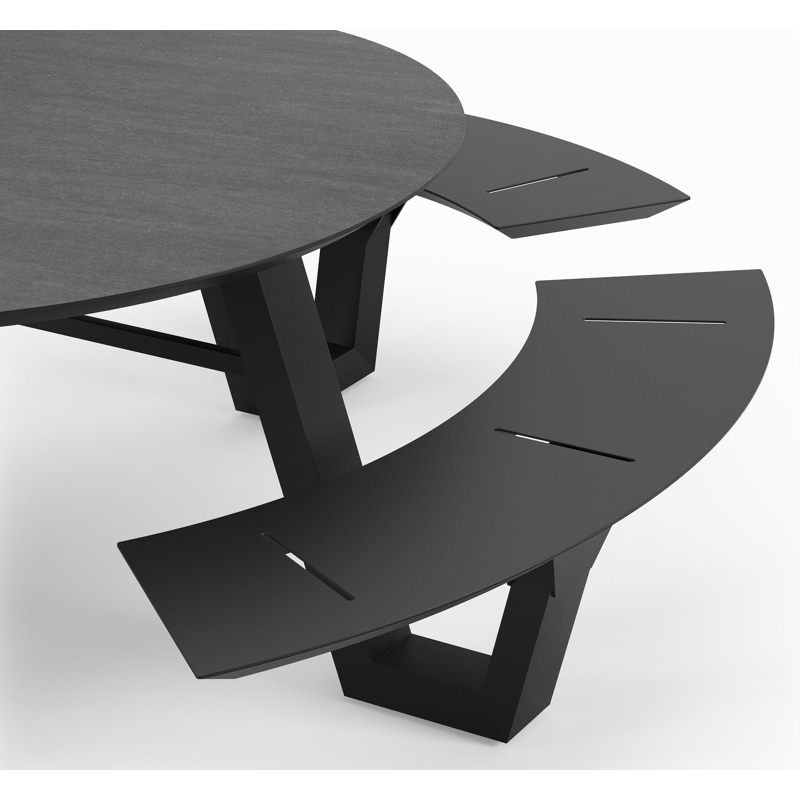 Rondino picknicktafel in zwart aluminium en volkeramiek basalt black tafelblad - Ø 236 x H 71,5 cm