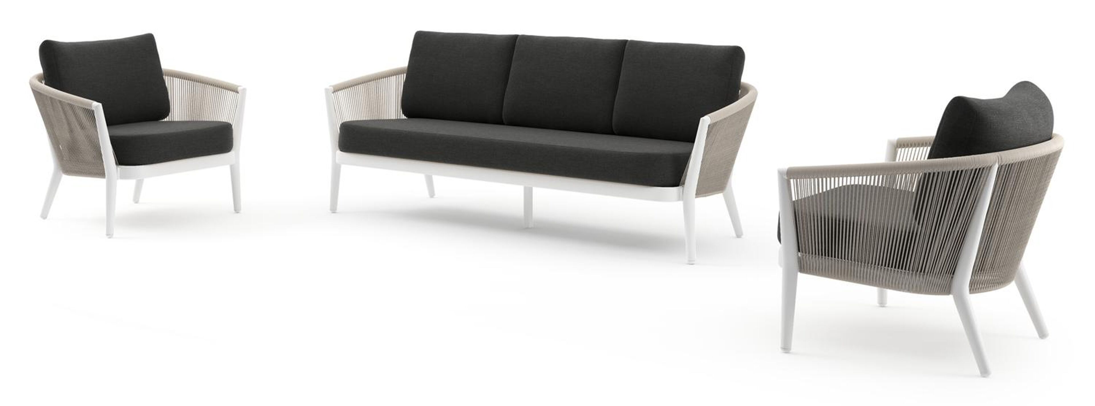 Salon de jardin Orso en aluminium blanc en corde ronde tissée verticalement beige et coussins en all weather sunbrella® luxe Chartres Sooty