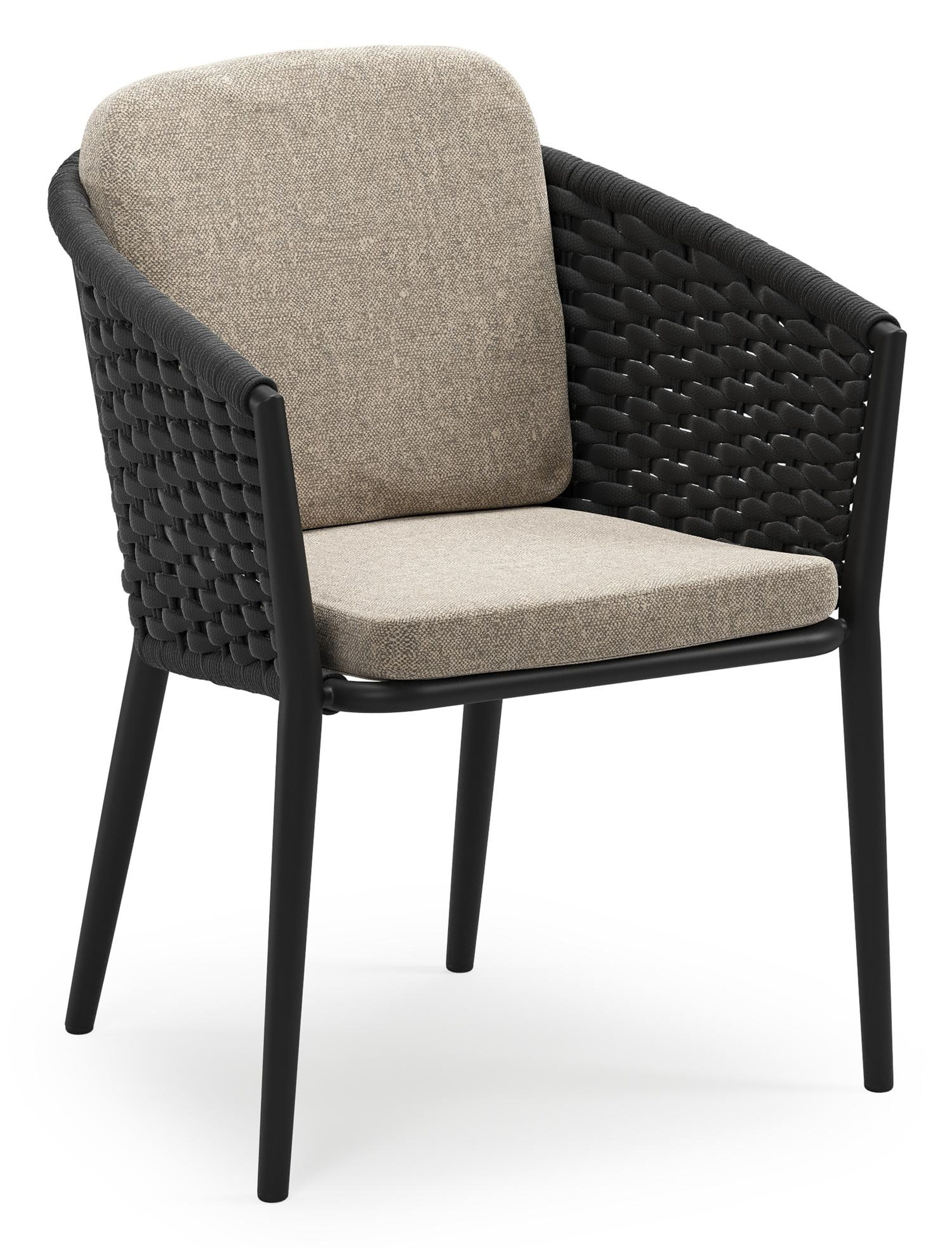 Chaise de jardin empilable Orso en aluminium noir et corde ronde tissée horizontalement noir avec coussin en All Weather Sunbrella® Luxe Chartres Pewter