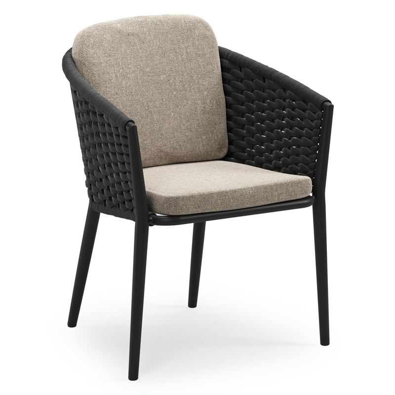 Chaise de jardin empilable Orso en aluminium noir et corde ronde tissée horizontalement noir avec coussin en All Weather Sunbrella® Luxe Chartres Pewter