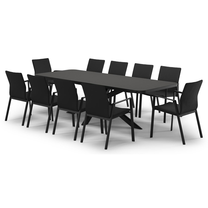 Estella verlengbare tuinset rechthoekig in zwart aluminium en sintered stone Notte minerale met 10 Madura tuinstoelen