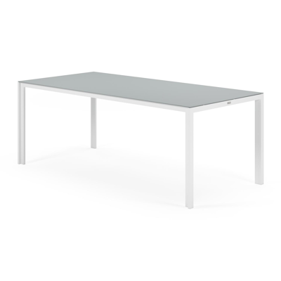 Table de jardin Caldela en aluminium blanc et verre gris - Lg 200 x Larg. 90 x H 75 cm