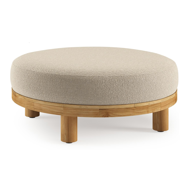 Donato lounge poef in teak en beige verticaal geweven ronde rope met all weather cosytica Marbella Sand kussen