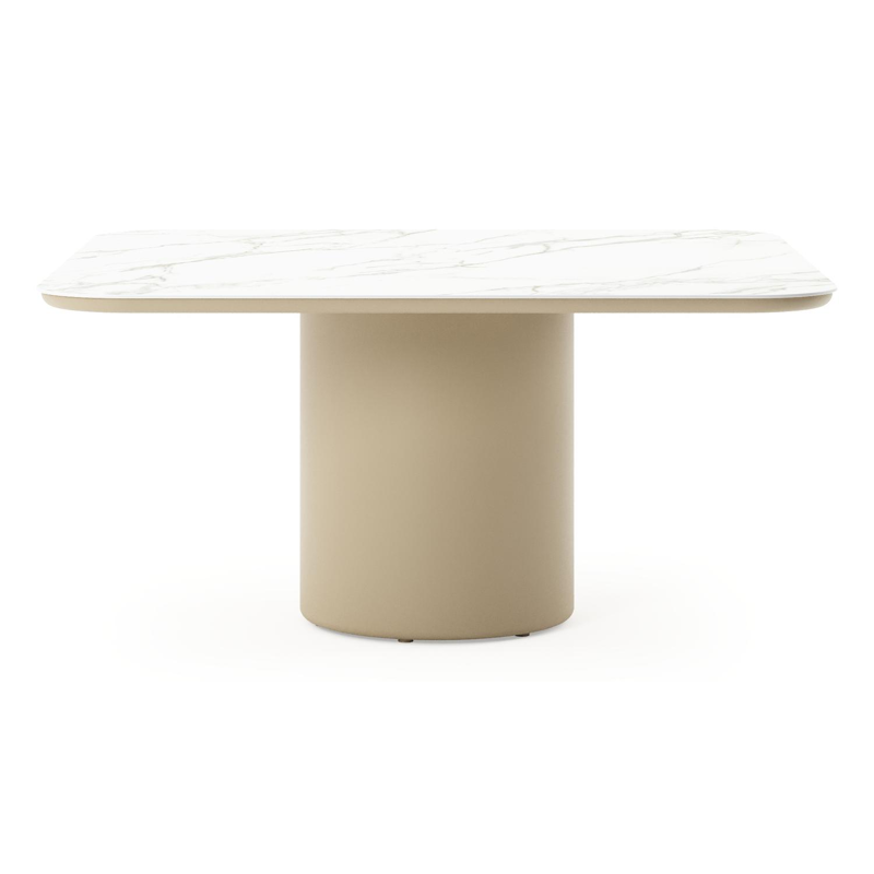 Table de jardin Amico carré arrondi en aluminium beige et céramique pleine Calacatta - Lg. 148 x Lrg. 148 x Haut. 74 cm