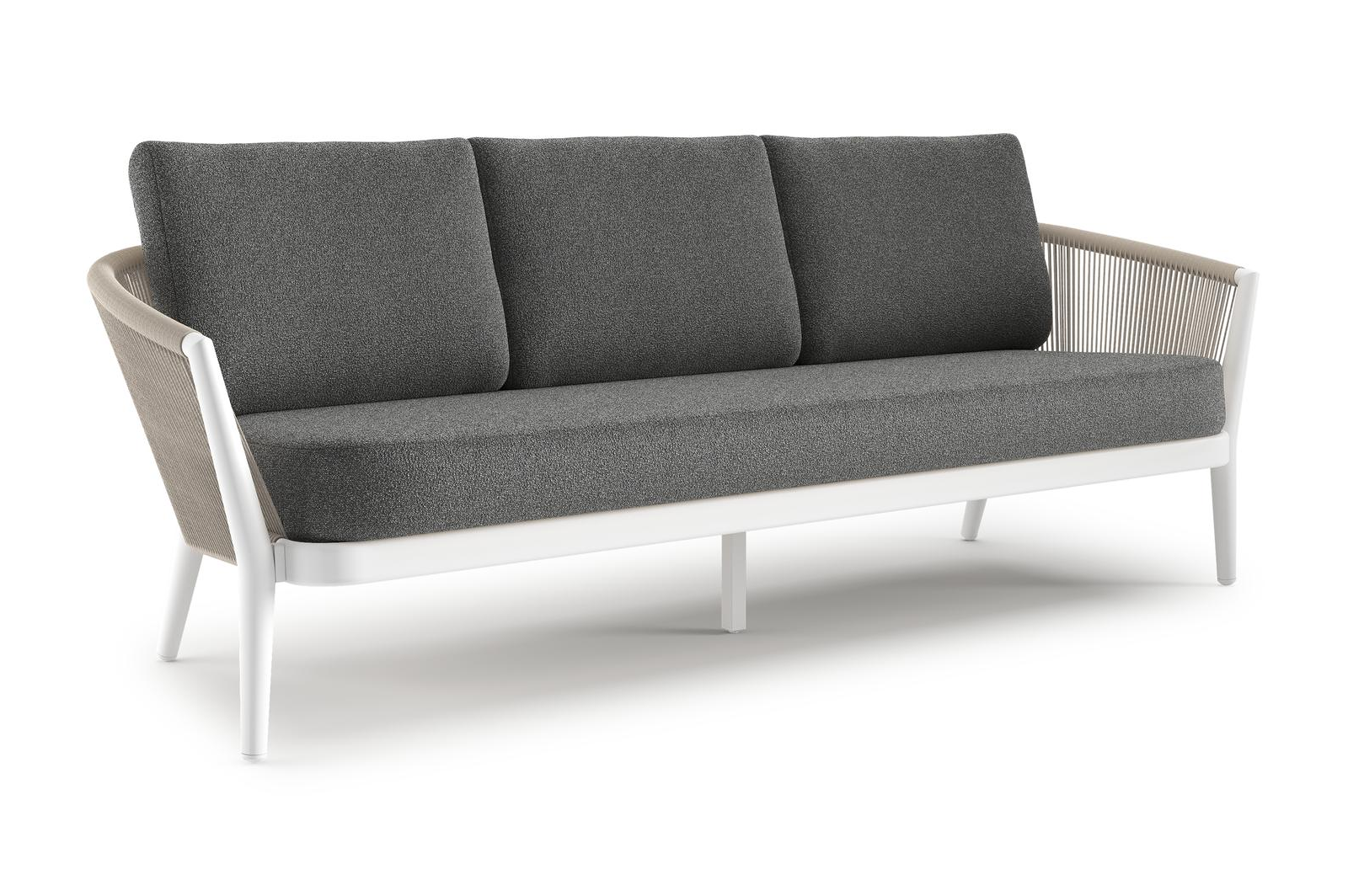 Canapé de jardin Orso en aluminium blanc en corde ronde tissée verticalement beige et coussins en all weather cosytica Catania Black