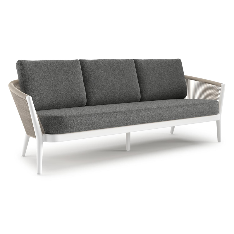 Canapé de jardin Orso en aluminium blanc en corde ronde tissée verticalement beige et coussins en all weather cosytica Catania Black