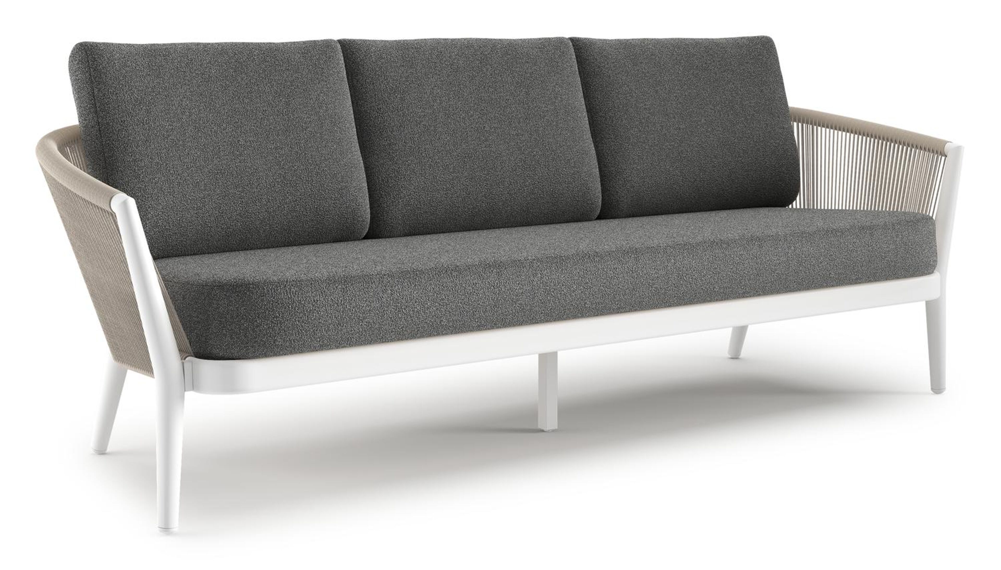 Orso loungebank in wit aluminium en beige verticaal geweven ronde rope met Catania Black all weather cosytica kussen