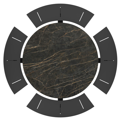 Rondino picknicktafel in zwart aluminium en volkeramiek black obsession tafelblad - Ø 236 x H 71,5 cm