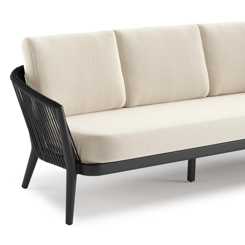 Orso loungebank in zwart aluminium en zwart verticaal geweven ronde rope met Althea Off White all weather cosytica kussen