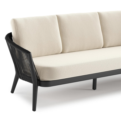 Canapé de jardin Orso en aluminium noir en corde ronde tissée verticalement noir et coussins en all weather cosytica Althea Off White