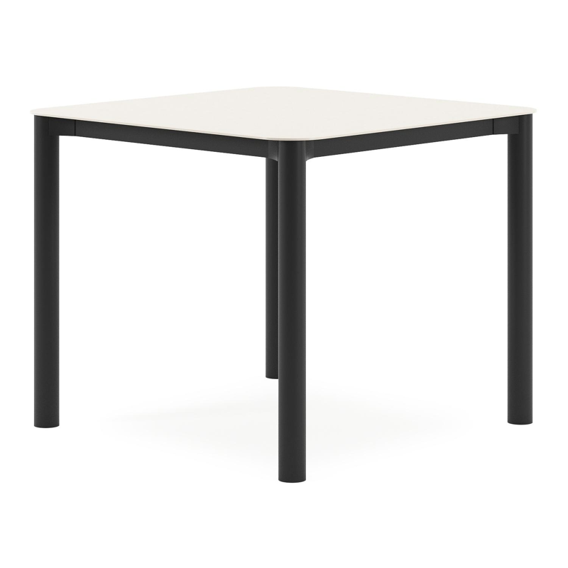 Table de jardin Orso carré arrondi en aluminium noir et céramique pleine beige - Lg. 90 x Lrg. 90 x Haut. 75 cm