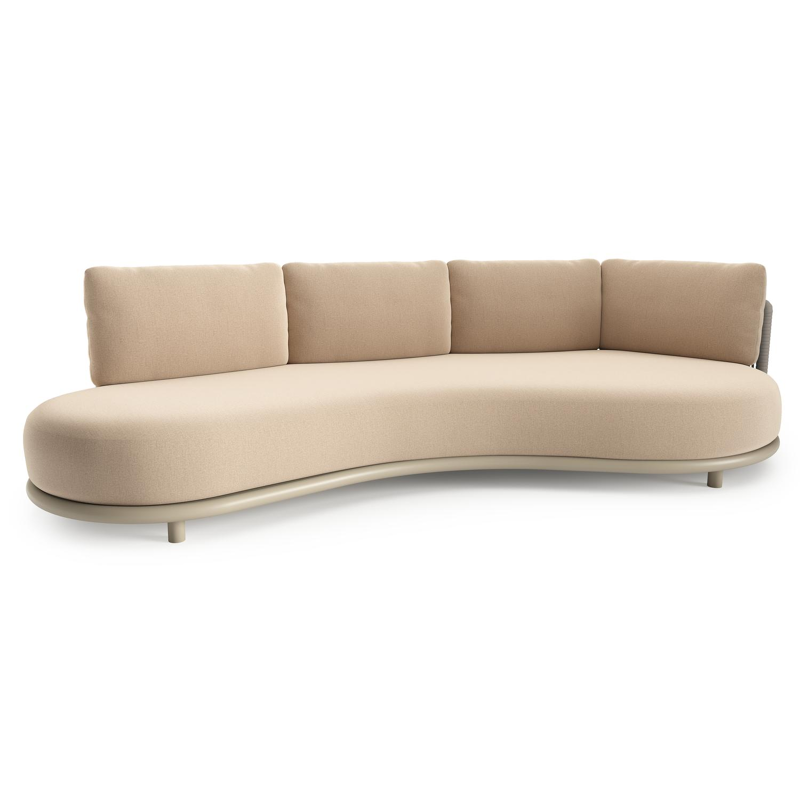 Canapé de jardin Lomano en aluminium beige et corde luxe plate tissée verticalement beige et coussins en all weather sunbrella® luxe natte heather beige