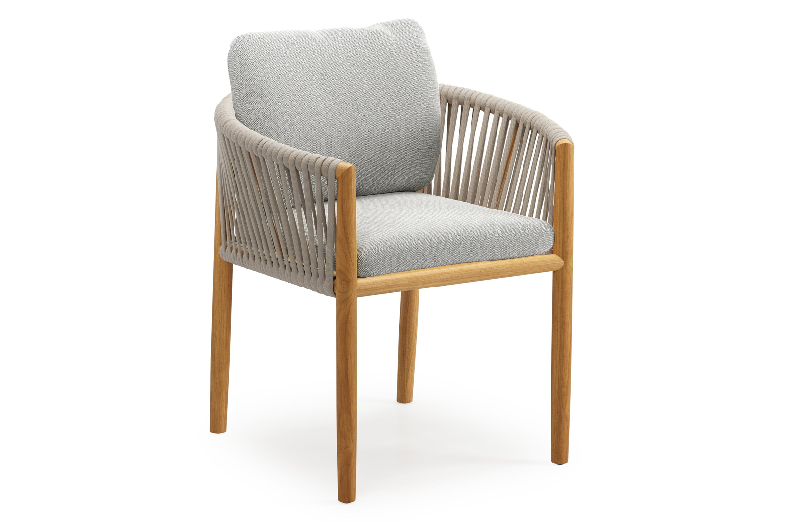 Organo tuinstoel in teak en beige verticaal geweven luxe vlakke rope met zitkussen in All Weather Sunbrella® Luxe Savane Nimbus