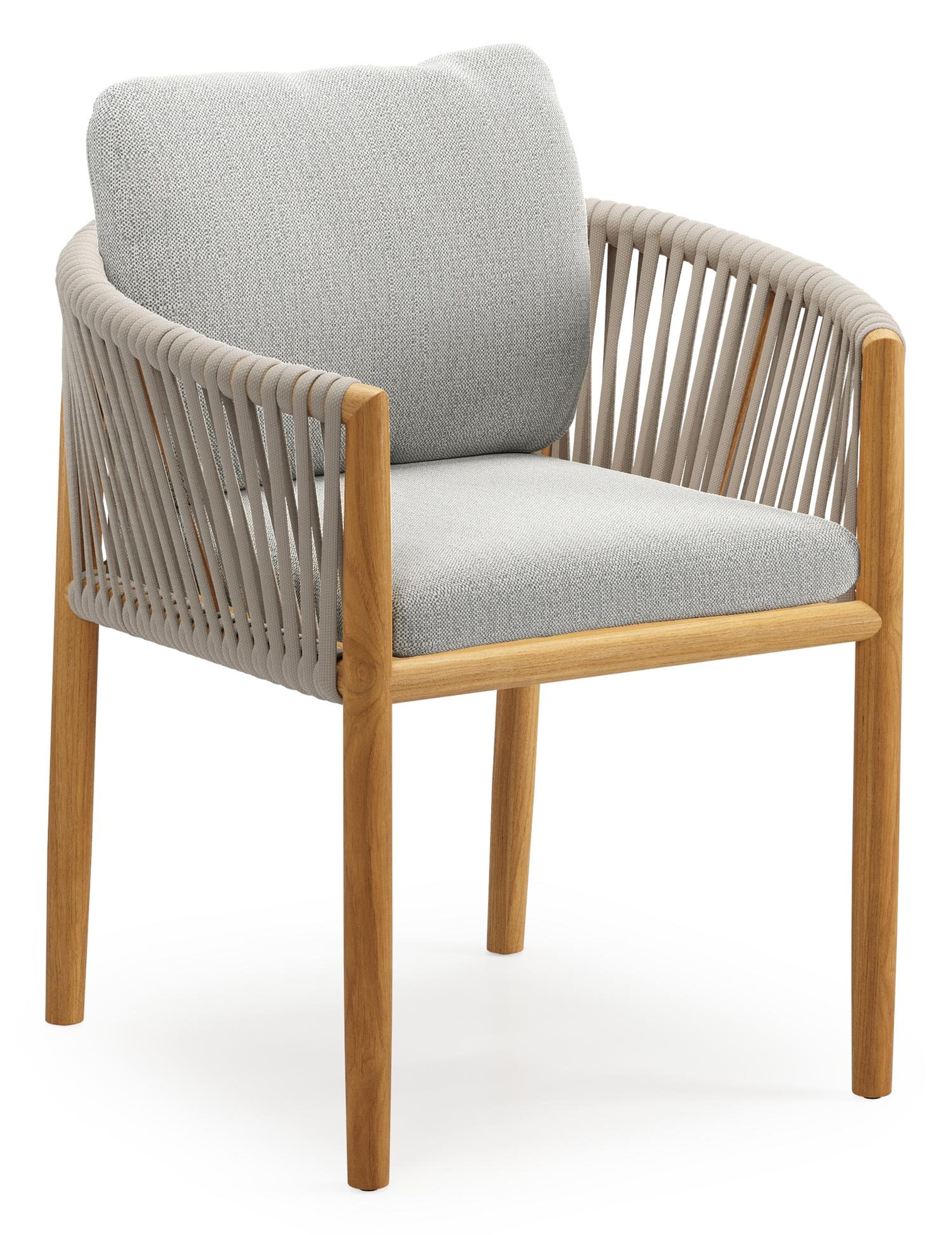 Organo tuinstoel in teak en beige verticaal geweven luxe vlakke rope met zitkussen in All Weather Sunbrella® Luxe Savane Nimbus