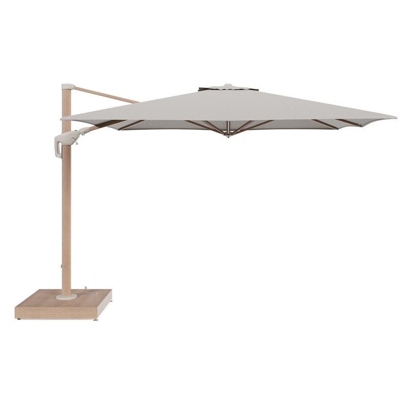 Minore zweefparasol met tiltfunctie in houtlook aluminium en Firenze Sand All Weather Solica parasoldoek - L1 350 x L2 350 cm met parasolvoet Minore 260 kg met wielen