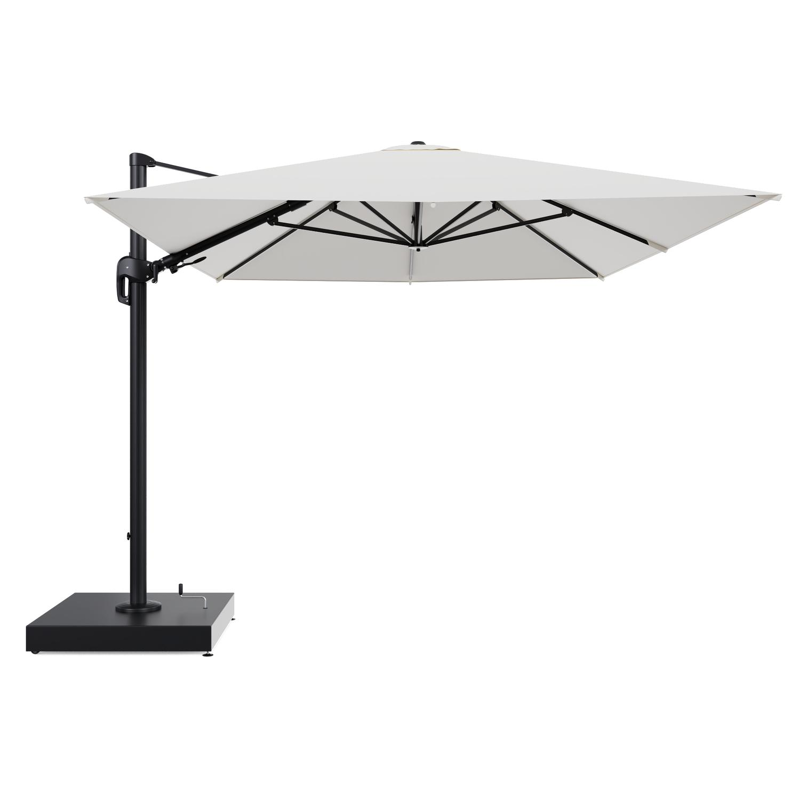 Parasol pendant Rufina avec fonction tilt en aluminium noir et toile de parasol All Weather Sunbrella® Luxe Natte White - Lg.1 400 x Lg.2 300 cm avec pied de parasol Minore 260 kg avec roulettes