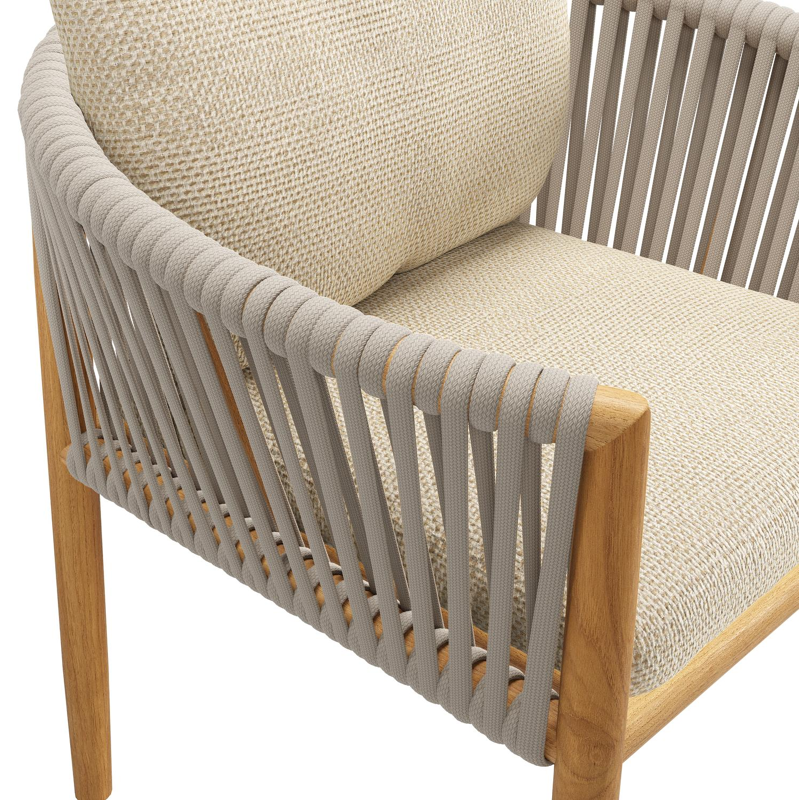 Organo tuinstoel in teak en beige verticaal geweven luxe vlakke rope met zitkussen in All Weather Cosytica Althea Camel