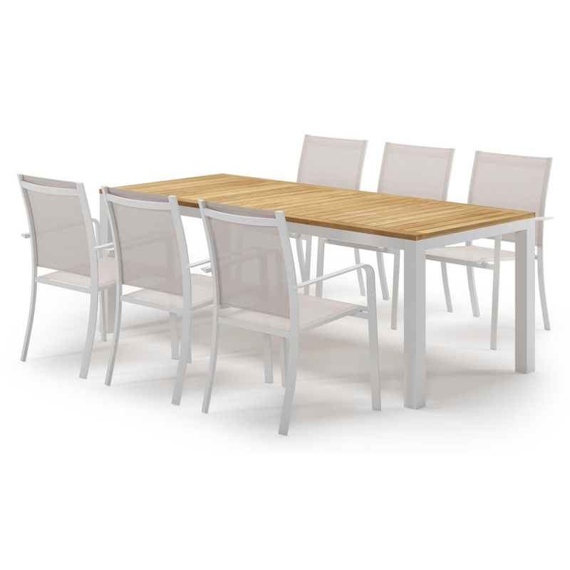 Varese tuinset in wit aluminium en teak met 6 Calobra tuinstoelen