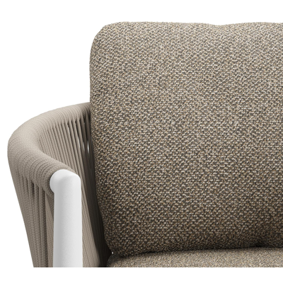 Organo tuinstoel in beige aluminium en beige verticaal geweven luxe vlakke rope met stoelkussen in All Weather Cosytica Madagascar Burch