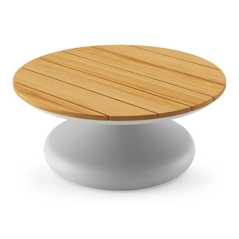 Bomero loungetafel rond in wit aluminium en teak - Dia. 84 x H 32.2 cm