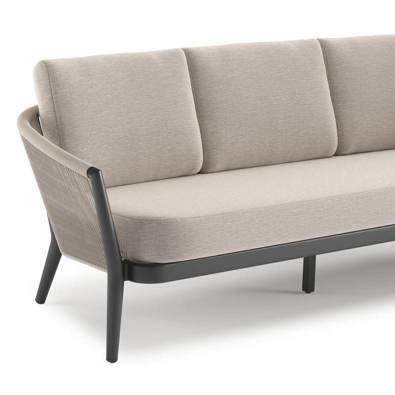 Orso loungebank in zwart aluminium en beige verticaal geweven ronde rope met Slow Farafra all weather sunbrella® luxe kussen