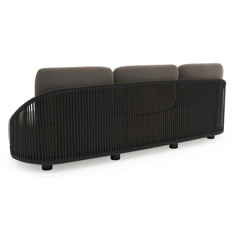 Canapé de jardin Vadelo en aluminium noir et corde ronde tissée verticalement noir et coussins en all weather sunbrella® luxe natte carbon beige