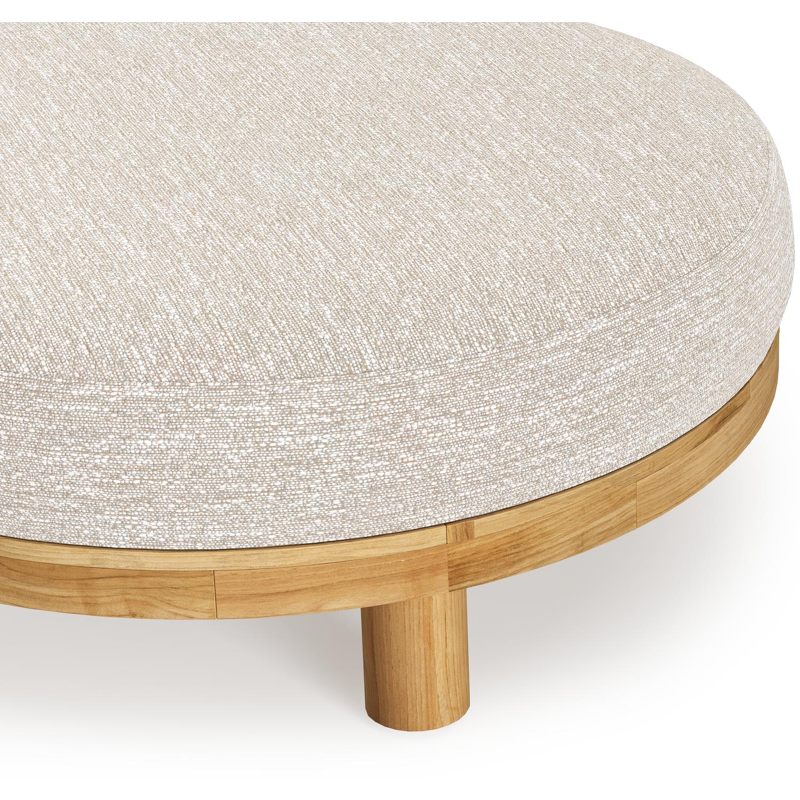 Donato lounge poef in teak en beige verticaal geweven ronde rope met all weather sunbrella® luxe Tundra Sand kussen