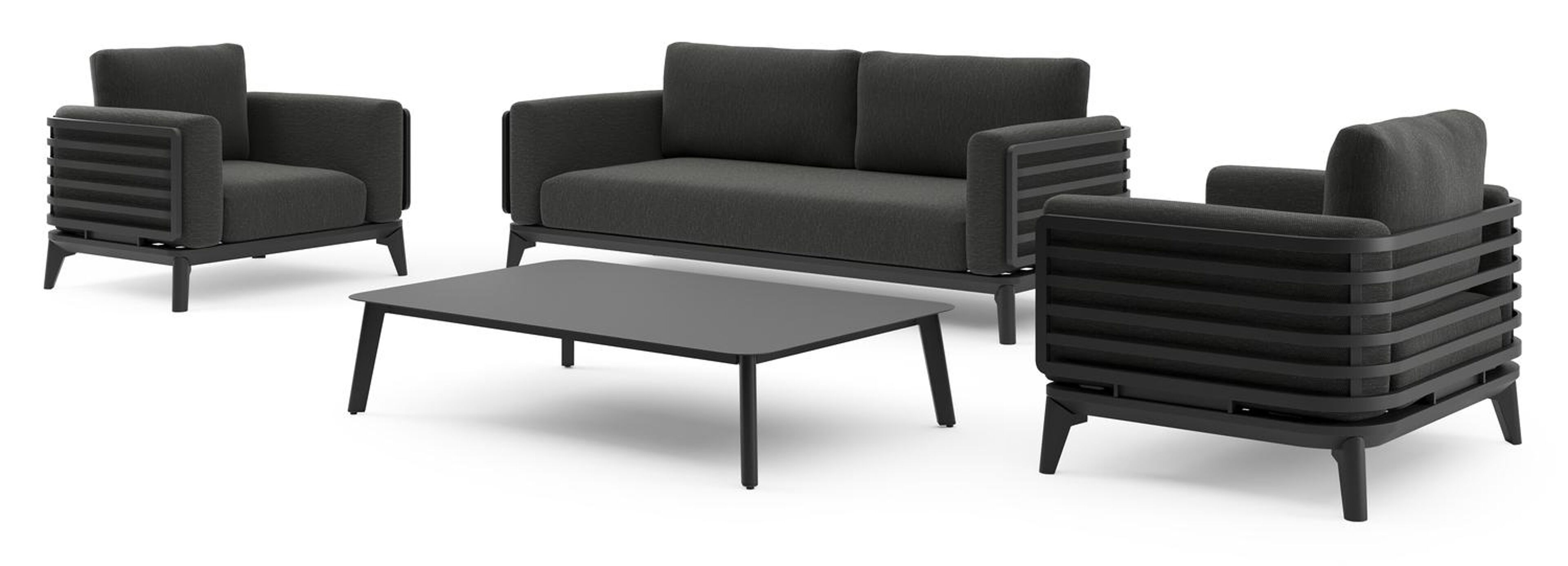 Salon de jardin Mosa en aluminium noir et coussins en weather+ softtouch sky black et table basse