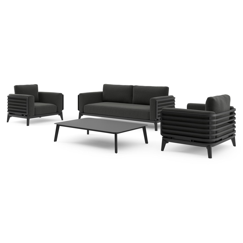 Salon de jardin Mosa en aluminium noir et coussins en weather+ softtouch sky black et table basse