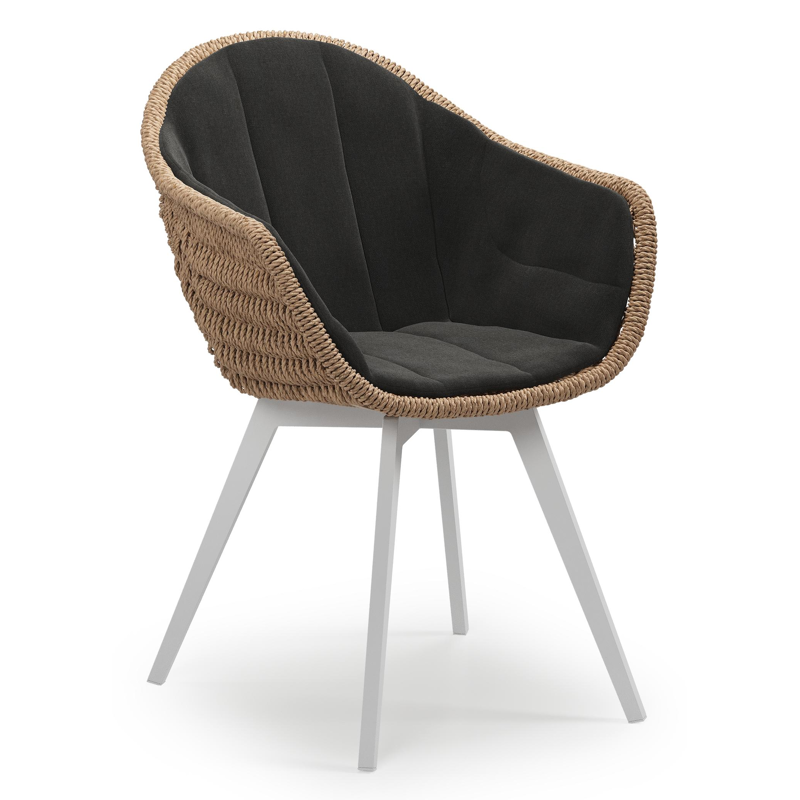 Pagino tuinstoel in wit aluminium en naturel ronde wicker met zitkussen in All Weather Sunbrella® Luxe Natte Sooty