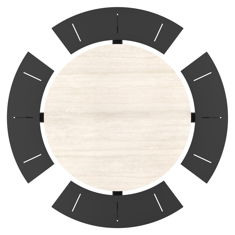 Rondino picknicktafel rond in zwart aluminium en volkeramiek Travertino Bianco - Dia. 236 x H 71.5 cm