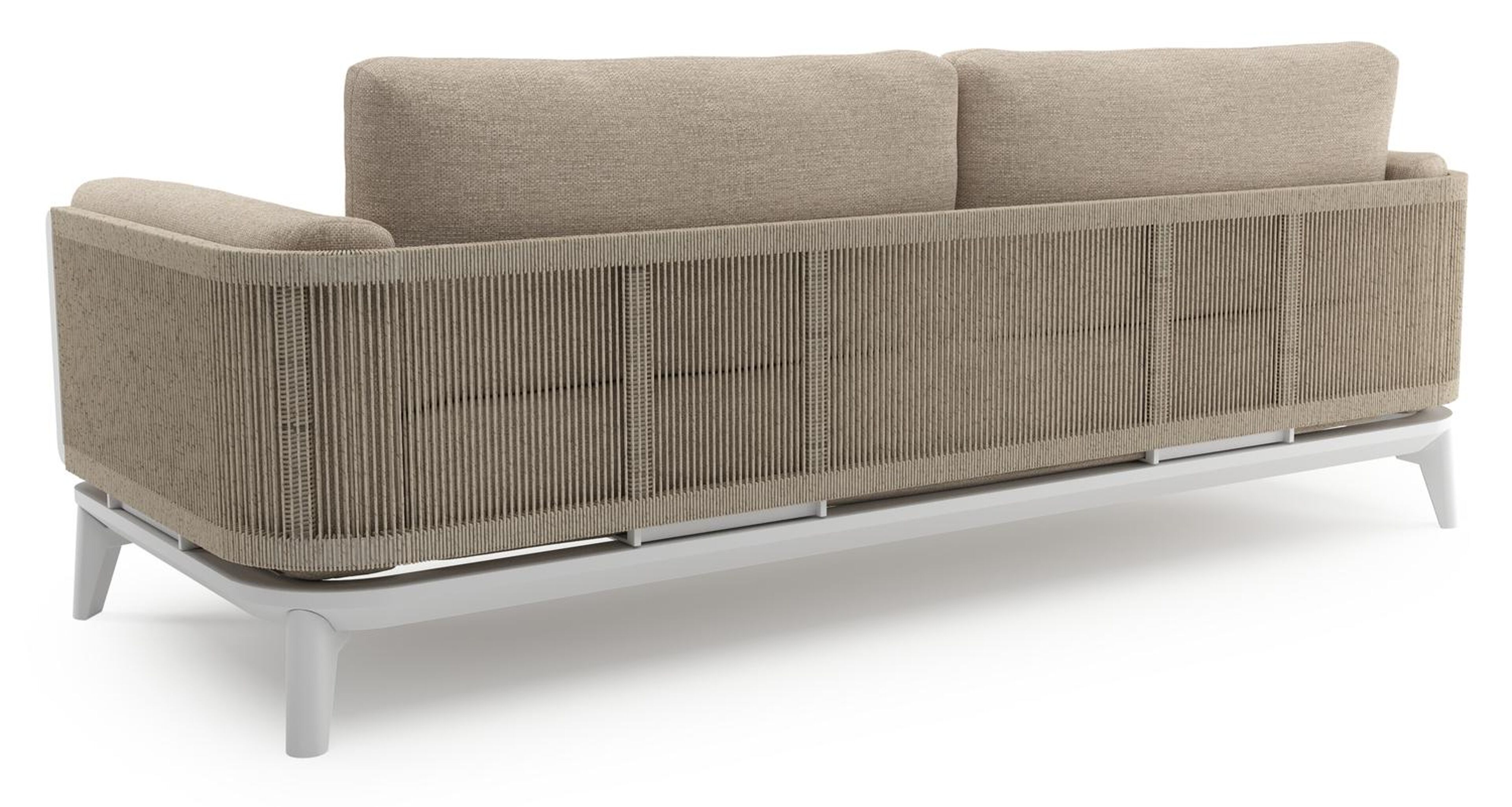 Salon de jardin Mosa en aluminium blanc et résine tressée torsadée beige et coussins en weather+ softtouch rustic