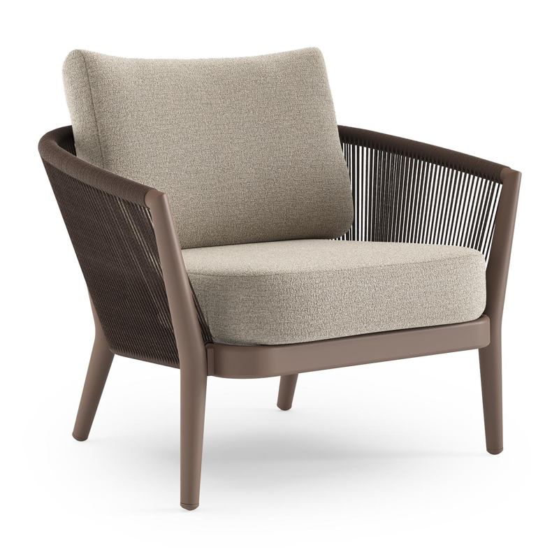 Orso loungestoel in taupe aluminiumen zwart verticaal geweven ronde rope met Catania Sand All Weather Cosytica kussen