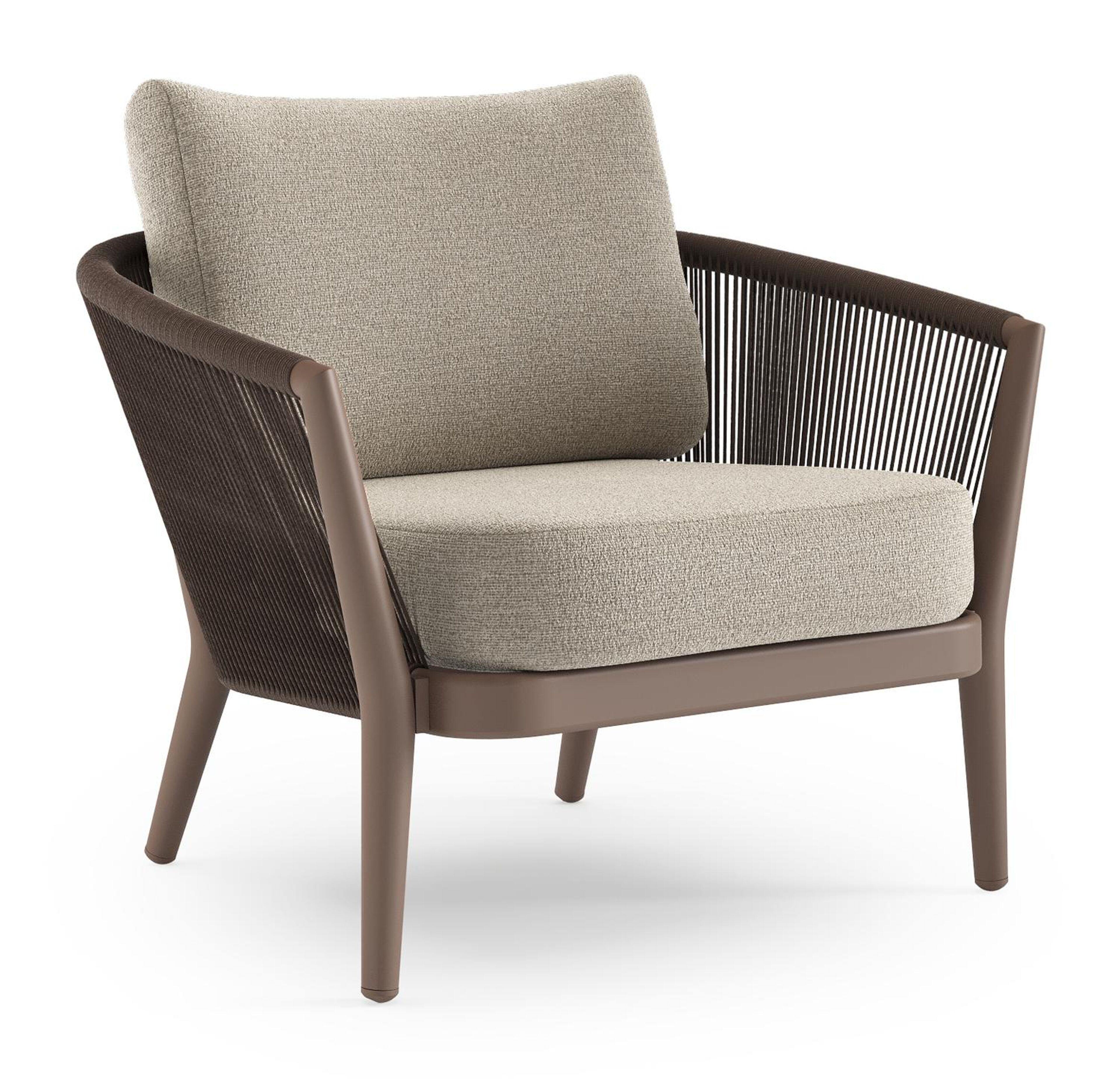 Orso loungestoel in taupe aluminiumen zwart verticaal geweven ronde rope met Catania Sand All Weather Cosytica kussen